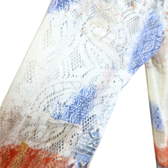 4/$25 CHICOS 1 S/M Blue Orange Abstract Crochet Lace Trim Sleeve High Low Top - Picture 4 of 5